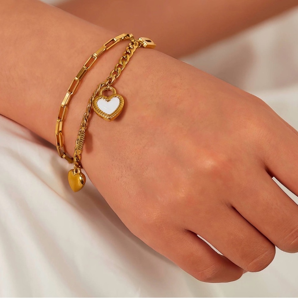 Gold Plated 18k Heart Charm Double Bracelet - Women Jewelry
